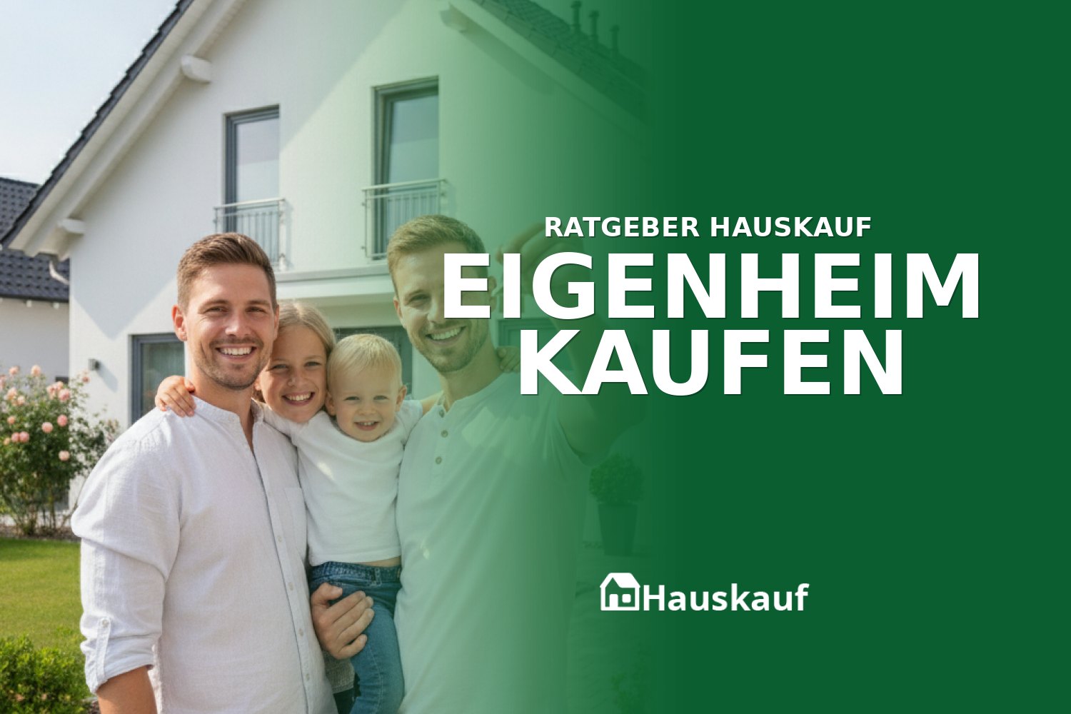 Glückliche Familie vor ihrem neuen Eigenheim, ein Einfamilienhaus, nach erfolgreichem Kauf