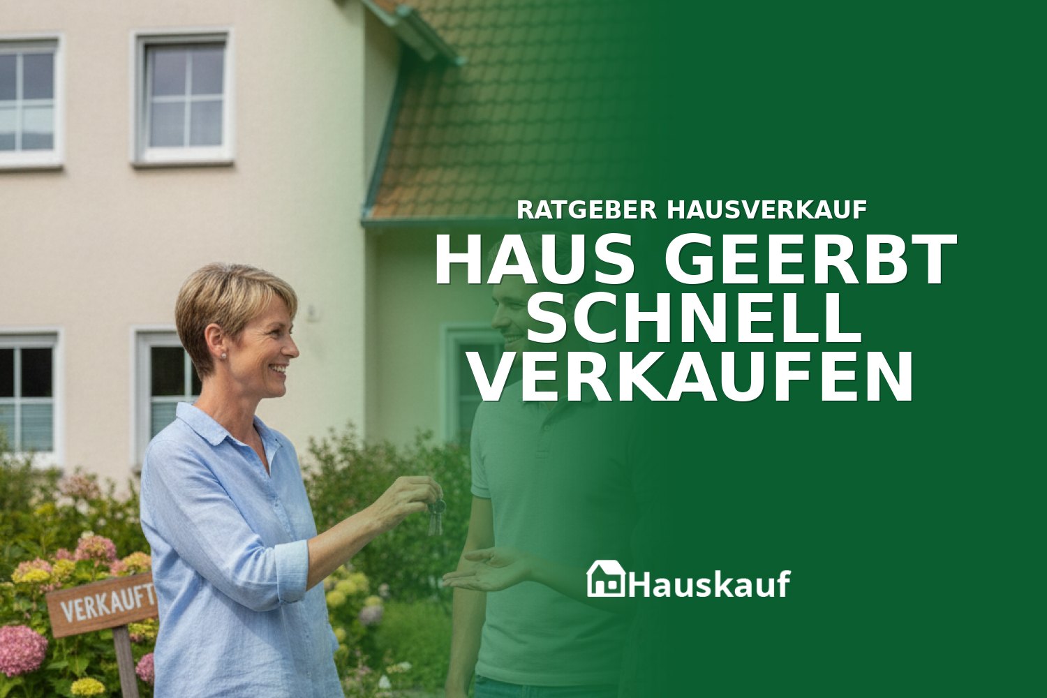 Zufriedenes Paar übergibt Schlüssel nach dem schnellen Verkauf eines geerbten Hauses.