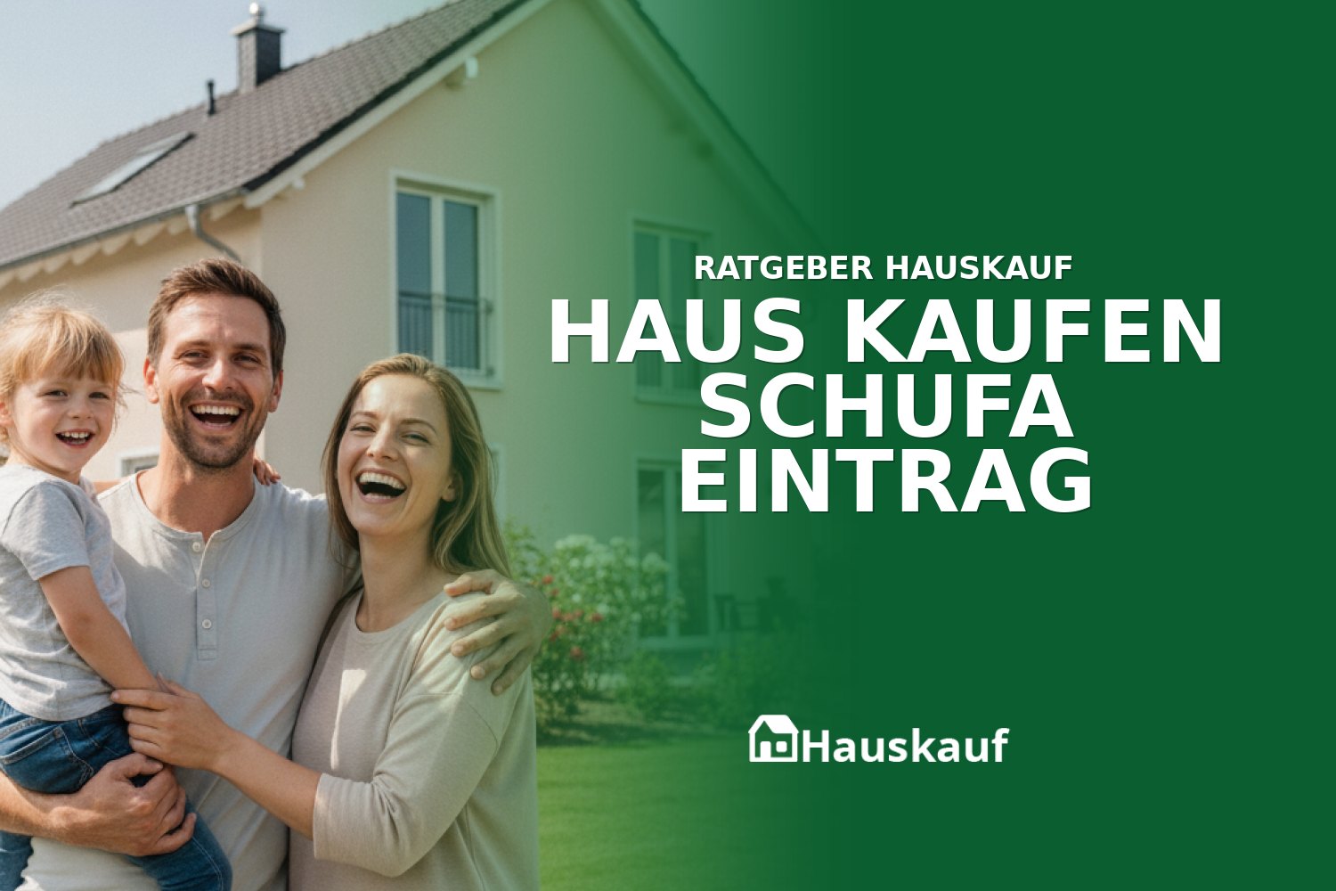 Glückliche Familie vor ihrem neuen Haus, ein Symbol für den erfolgreichen Hauskauf trotz Schufa-Eintrag