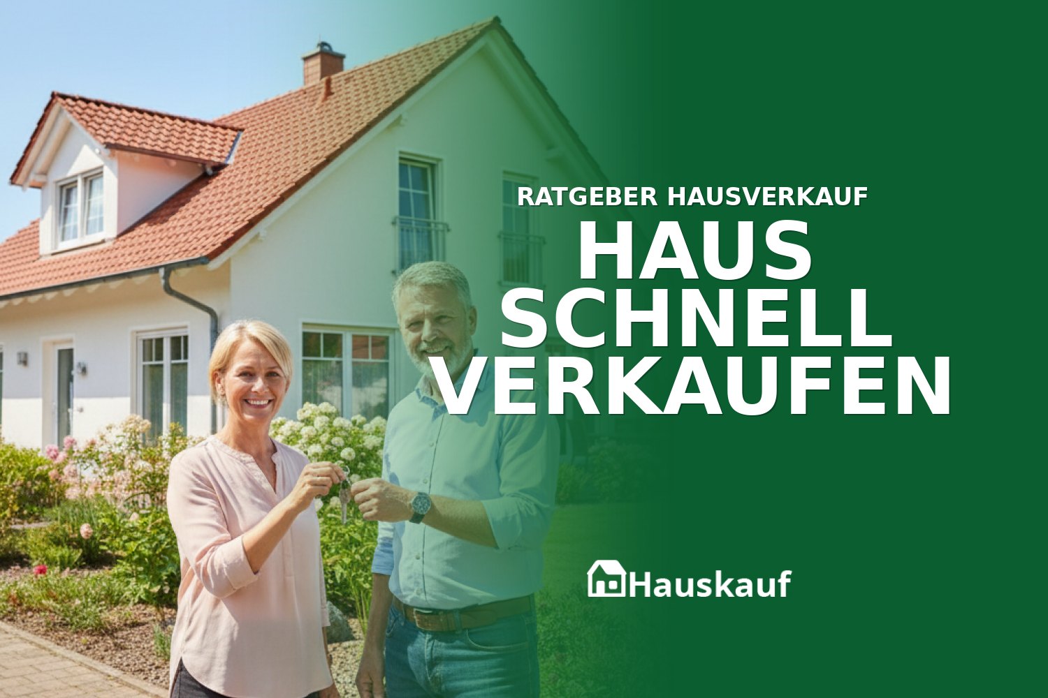 Ein modernes Einfamilienhaus bei sonnigem Wetter, Schlüsselübergabe deutet auf einen schnellen Hausverkauf hin.