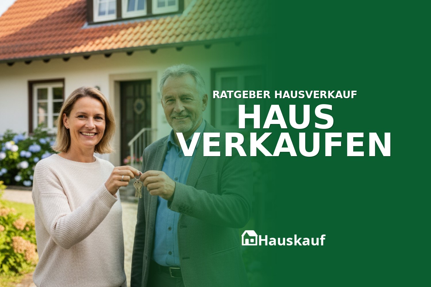Zufriedenes Paar übergibt lächelnd Hausschlüssel beim Haus verkaufen vor einem Einfamilienhaus