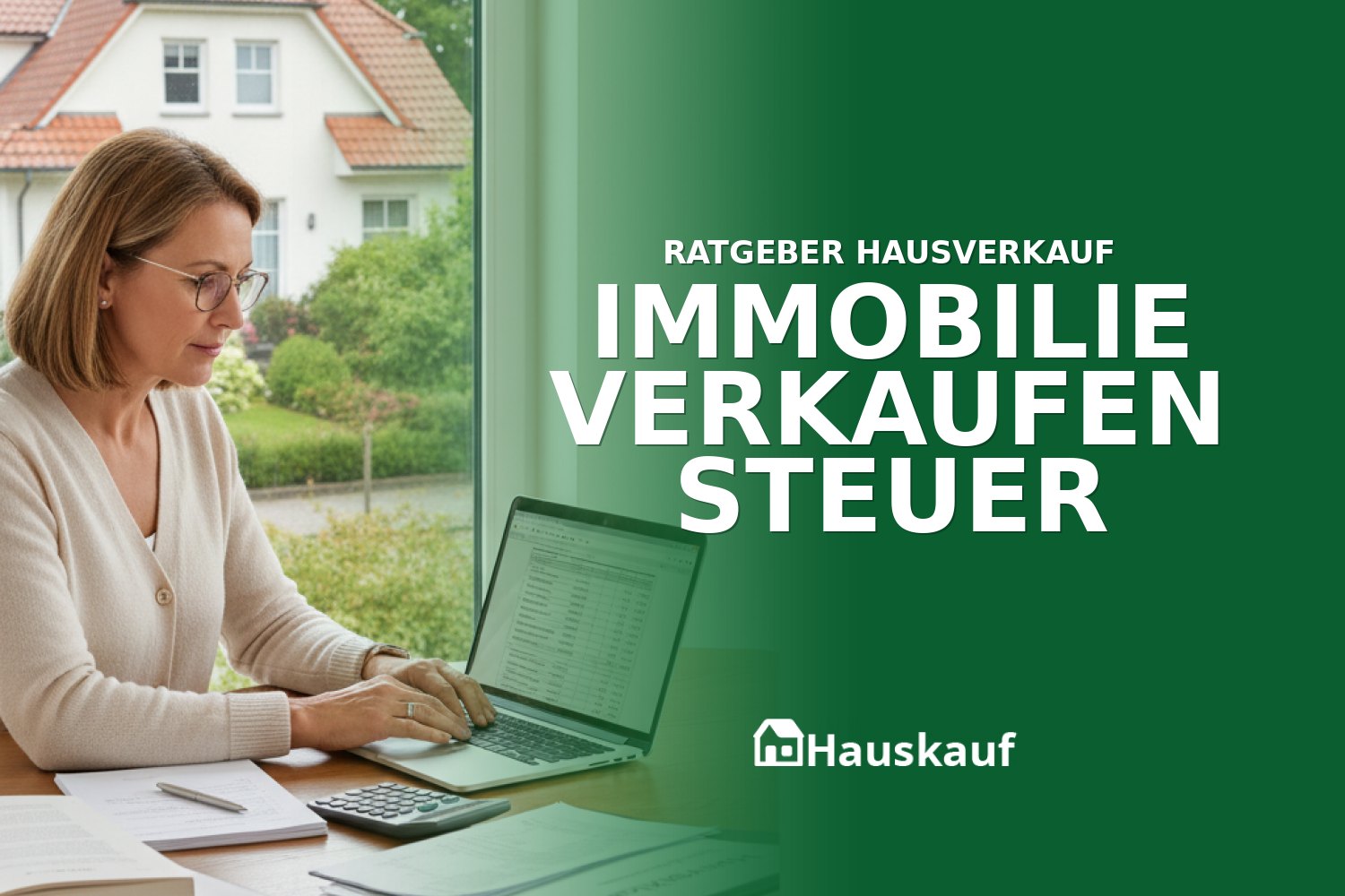Person prüft am Laptop steuerliche Aspekte für den Hausverkauf, um die Immobilie steueroptimiert zu verkaufen.