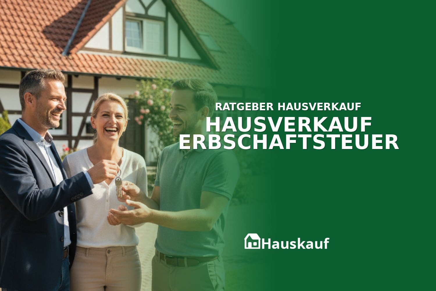 Ein Paar übergibt lächelnd die Schlüssel eines Einfamilienhauses nach erfolgreichem Hausverkauf und Klärung der Erbschaftsteuer.