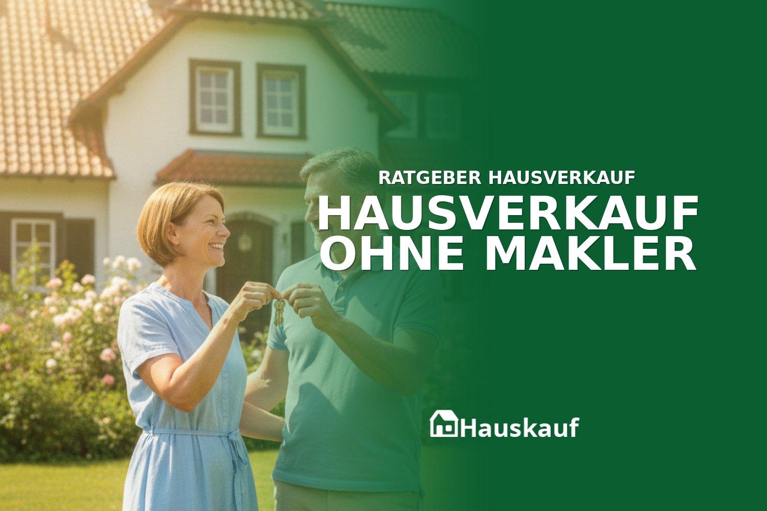 Zufriedenes Paar übergibt Hausschlüssel nach erfolgreichem Hausverkauf ohne Makler