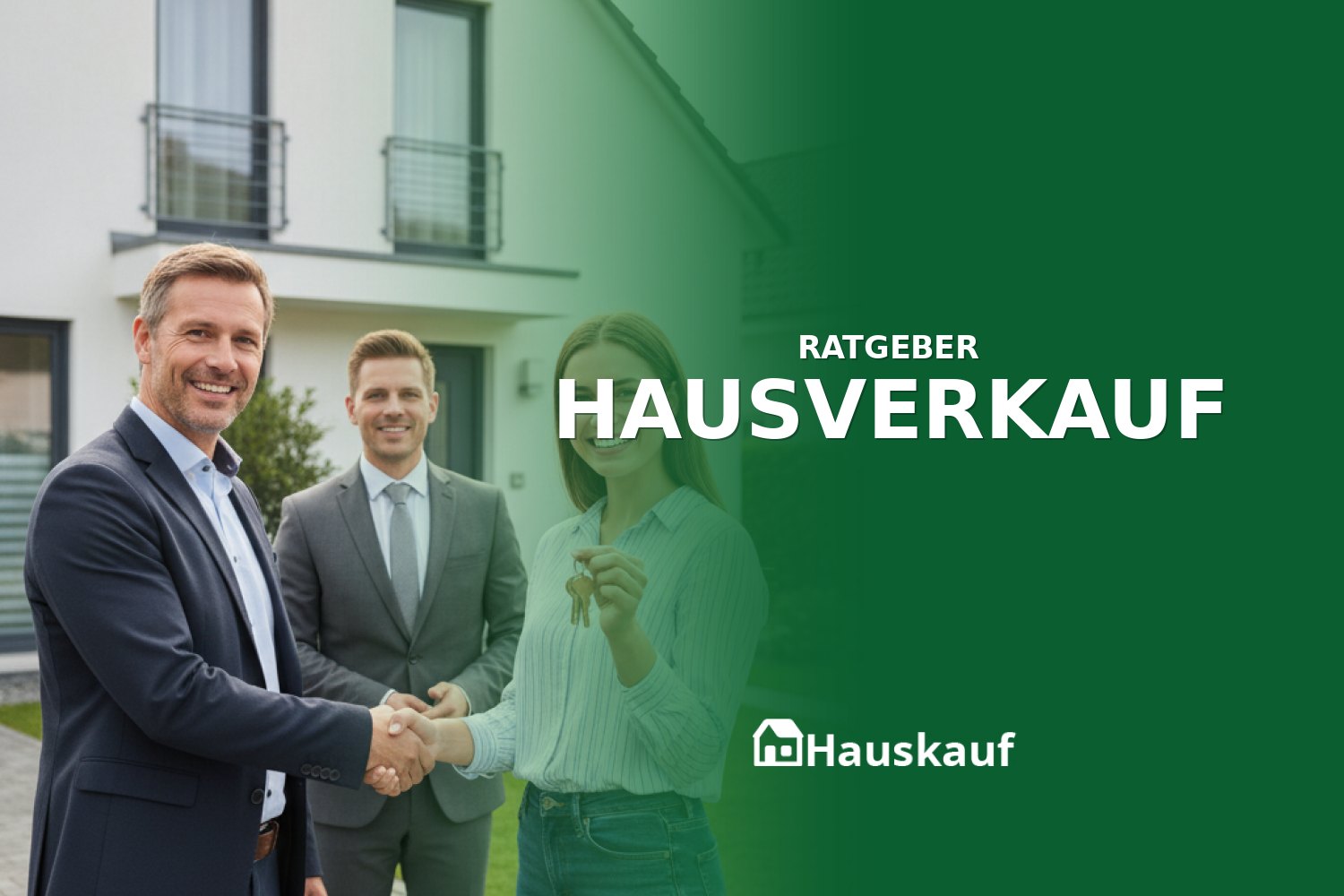 Erfolgreicher Hausverkauf: Ein glückliches Paar übergibt die Schlüssel zu ihrem Einfamilienhaus an den neuen Eigentümer, unterstützt von einem Makler.