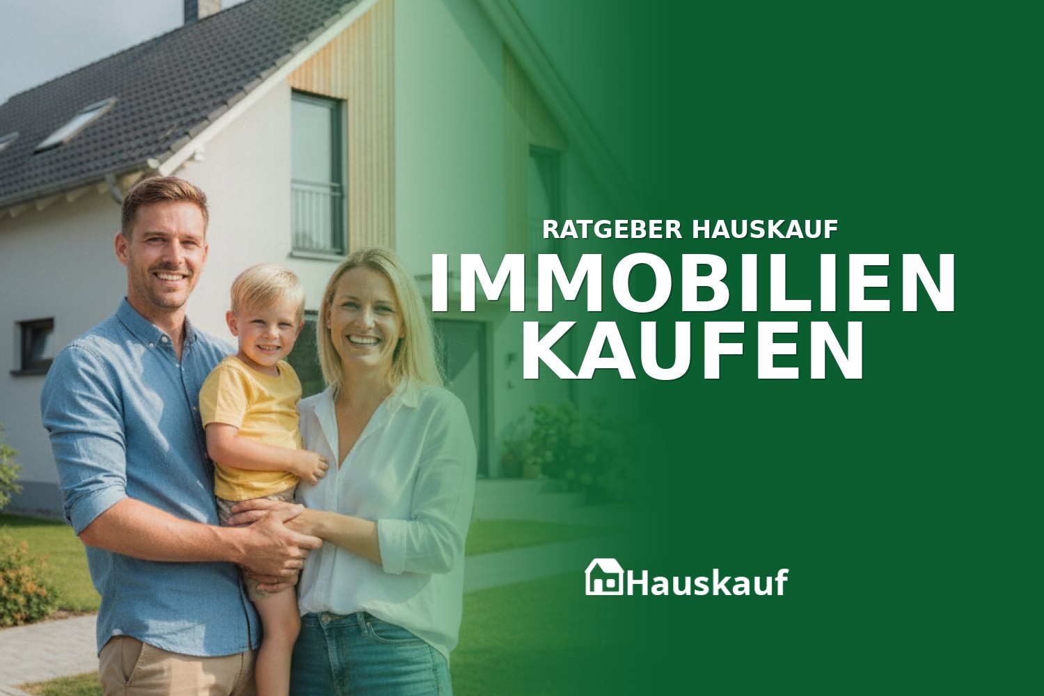 Glückliche Familie vor ihrem neuen Haus, die das Thema Immobilien kaufen symbolisiert.