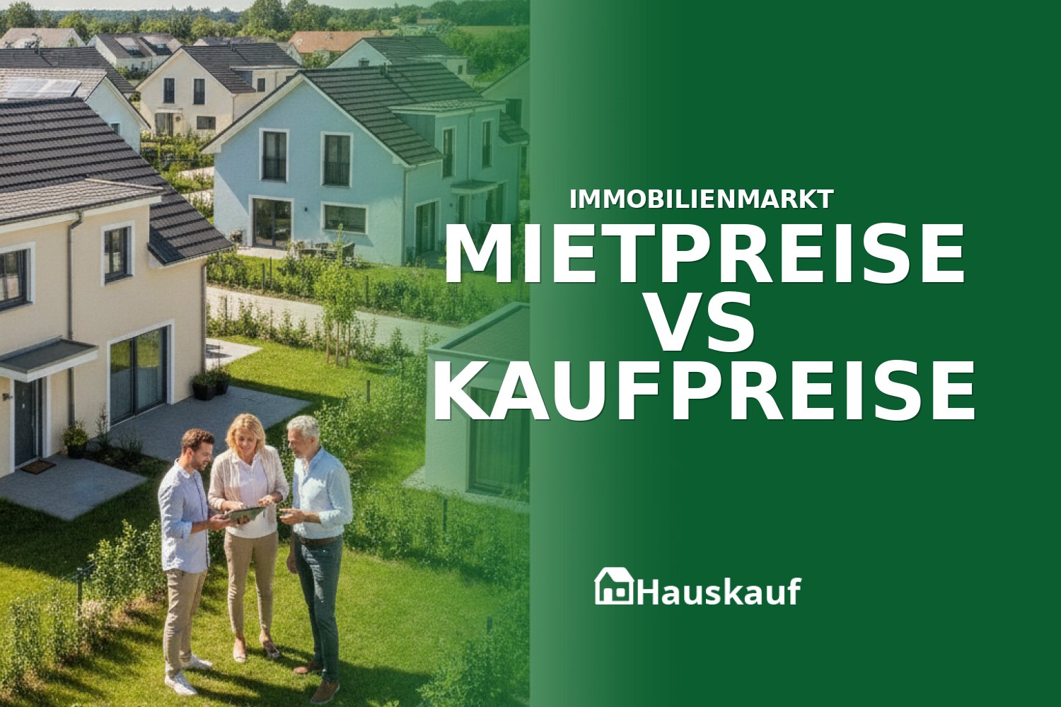 Moderne Einfamilienhäuser in einer Siedlung, die das Verhältnis von Mietpreisen vs. Kaufpreisen auf dem Immobilienmarkt visualisieren.