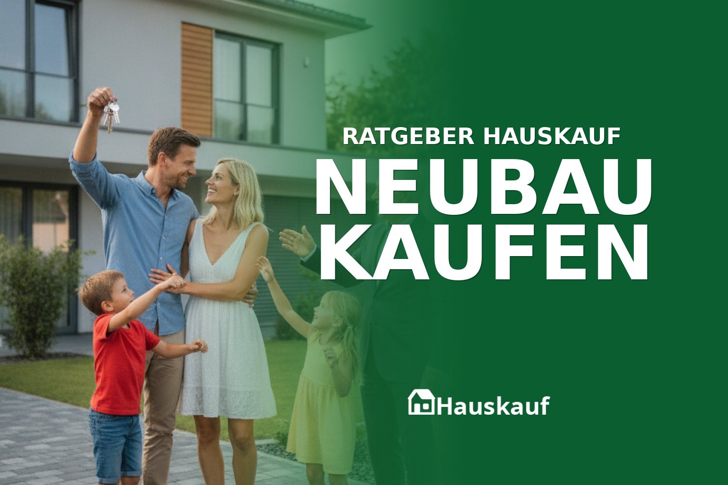 Glückliche Familie vor modernem Neubauhaus, symbolisiert den erfolgreichen Neubau kaufen