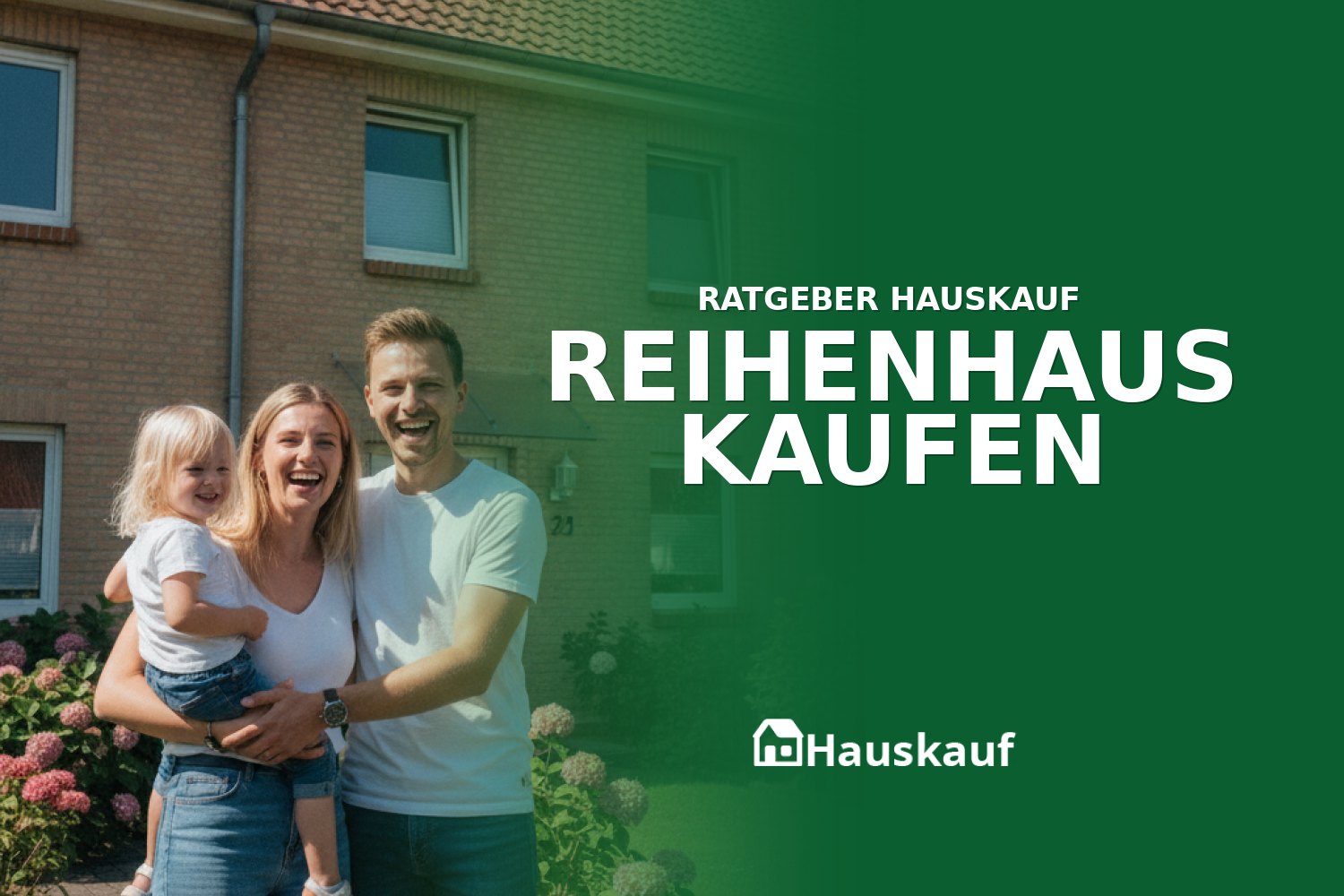 Glückliche Familie vor ihrem Reihenhaus nach dem Kauf