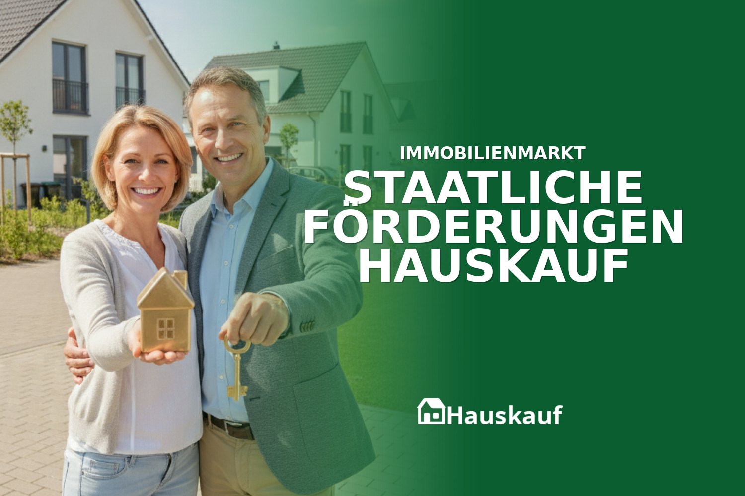 Moderne Einfamilienhäuser in einer Wohnsiedlung, die staatliche Förderungen beim Hauskauf symbolisieren.