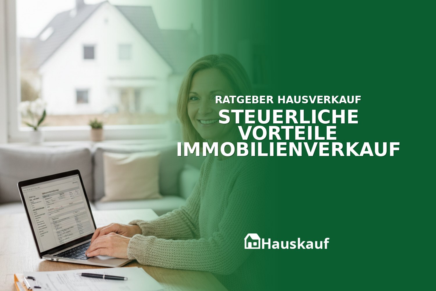 Eine Person prüft steuerliche Vorteile beim Hausverkauf am Laptop.